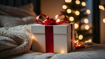 A cozy bedroom scene featuring a gift box with a red ribbon and warm string lights creating a festive atmosphere. Ideal for holiday themes and celebrations. 