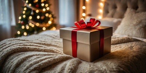 A cozy bedroom scene featuring a gift box with a red ribbon and warm string lights creating a festive atmosphere. Ideal for holiday themes and celebrations. 