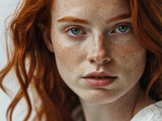 A young woman with long red hair and freckles, wearing a white blouse, looks into the camera. Her natural beauty is highlighted by soft daylight, creating a gentle and calm image.