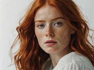 A young woman with long red hair and freckles, wearing a white blouse, looks into the camera. Her natural beauty is highlighted by soft daylight, creating a gentle and calm image.