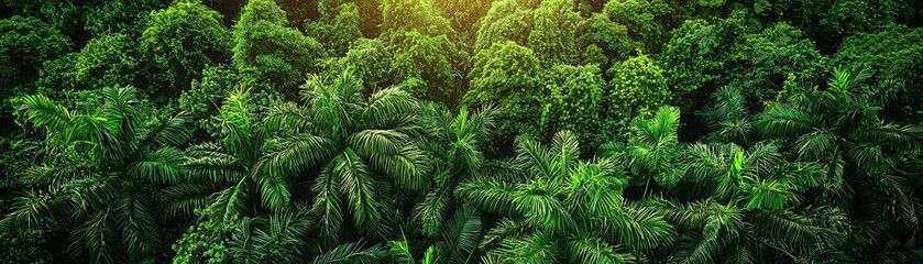 Fototapeta premium A striking overhead view of a dense jungle canopy under bright sunlight, symbolizing the natural exchange of oxygen and humidity