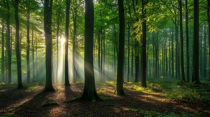 Obraz premium A serene forest at dusk with the last rays of sunlight filtering through the trees and a soft breeze rustling the leaves