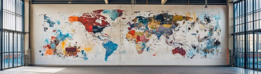 Artistic world map mural displayed in modern office space urban environment contemporary art concept