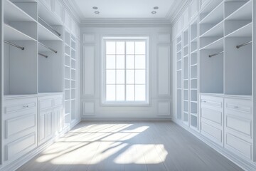 Spacious, white walk-in closet with ample shelving and hanging space. Ideal for showcasing organization, home design, or interior decorating projects.