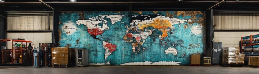 Fototapeta premium Global map mural industrial warehouse art installation urban environment wide angle view cultural awareness