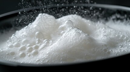 A wash basin full of fluffy foam, intricate bubble clusters visible, perfectly cut out on black background