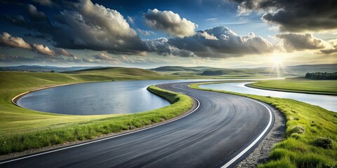 Naklejka premium Serene Winding Road Through Rolling Green Hills and Still Waters at Sunset