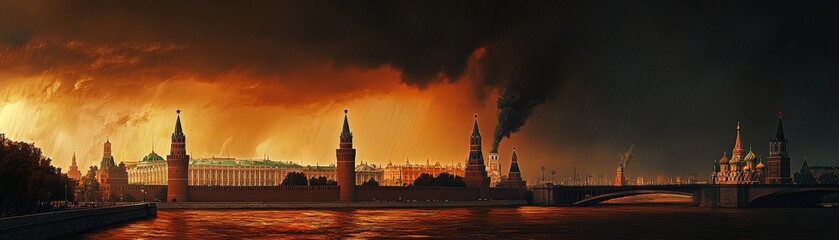 Fototapeta premium Dramatic sunset over moscow cityscape russia landscape photography urban environment wide-angle view atmosphere of change