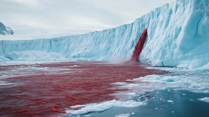 A wide shot of Antarcticas Blood Falls flowing from the edge of a stark white glacier, the red iron-rich water contrasting against the icy blue and white ice, under a pale Antarctic sky