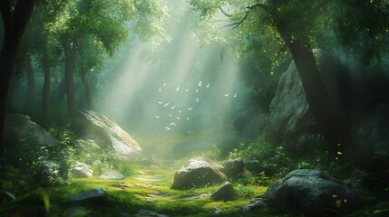 A serene forest clearing with dappled sunlight, moss-covered rocks, and the sound of birdsong 