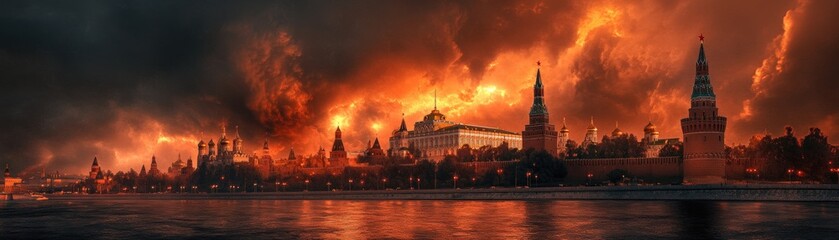 Obraz premium Dramatic fire erupts over moscow’s kremlin urban landscape digital artwork atmospheric scene aerial view catastrophe concept