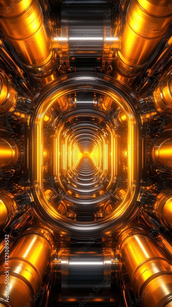 Wall mural a futuristic tunnel with glowing orange lights and metallic structures, creating a sense of depth an