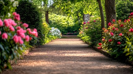 A serene garden path lined with blooming flowers, shaded by trees, and leading to a peaceful pond