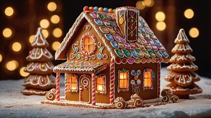 A close-up of a gingerbread house with intricate icing decorations, glowing with warm lights, 3D rendering.