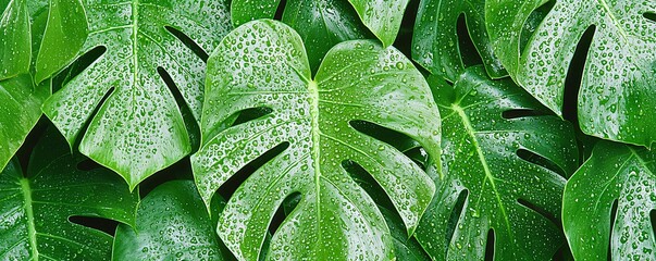 Fototapeta premium A tropical plant with visible water droplets, representing transpiration and energy balance in the ecosystem