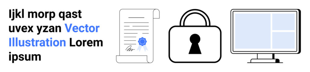 Legal document with signature, blue seal, central lock icon, computer monitor. Ideal for cybersecurity, legal services, data privacy, online safety, digital contracts secure transactions and IT