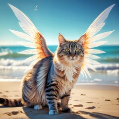 Obraz premium Angelic Cat on Beach: A Serene Coastal Fantasy with Wings