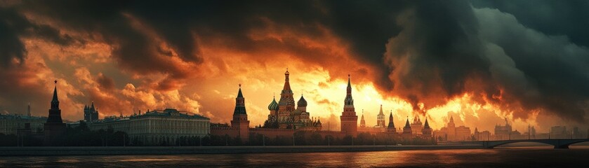 Fototapeta premium Dramatic sunset over historic architecture moscow digital art urban landscape panoramic view evocative atmosphere