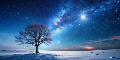 Serene winter landscape under a breathtaking night sky, showcasing the Milky Way and a brilliant star