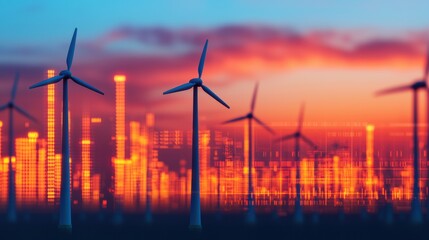 Wind turbines generating renewable energy for smart city at sunset