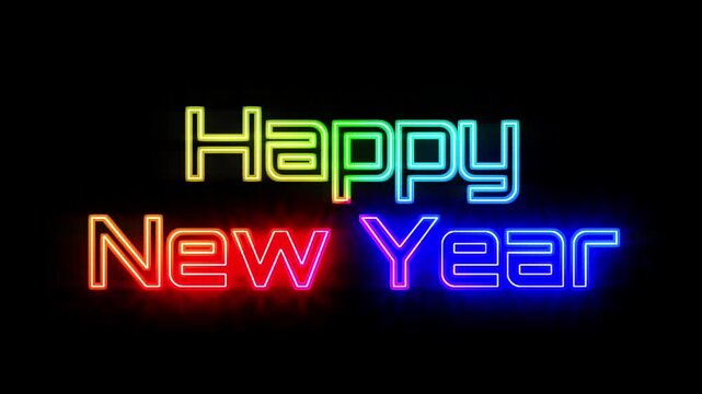 animated happy new year text with rainbow neon light effect on black screen