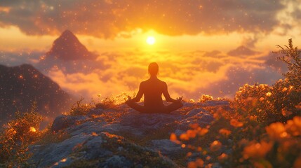 Fototapeta premium Tranquility at Sunrise: A Woman Meditates on a Mountaintop