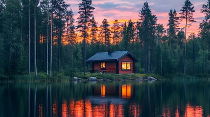 Fototapeta premium A serene lakeside cabin surrounded by dense forest with a calm lake reflecting the sunset