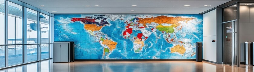 Exploring global culturesworld map mural in modern airport terminal contemporary art travel environment indoor viewpoint