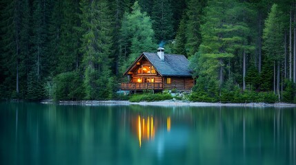 Fototapeta premium A serene lakeside cabin surrounded by dense forest with a calm lake reflecting the sunset