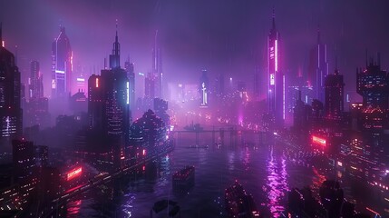 Obraz premium The sci-fi city skyline with purple and cyan neon lights at night. A night scene with futuristic skyscrapers.