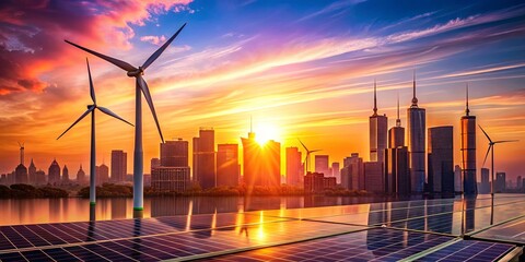 A Vibrant Sunset Illuminates a Modern City Skyline Powered by Wind Turbines and Solar Panels