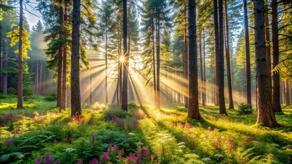 Obraz premium Golden sun rays illuminate a tranquil forest scene, dappled light through tall trees, wildflowers blooming in lush greenery
