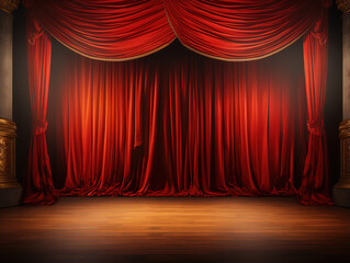 Wonderful A red curtain is pulled back to reveal a spotlight on an empty stage with a wooden floor