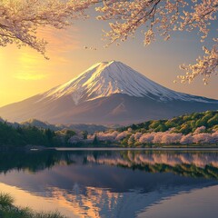 Fototapeta premium Mount Fuji in a hyper-realistic graphic style, showcasing its majestic snow-capped peak with intricate textures and natural contours