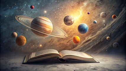A cosmic panorama unfolds from an open book, revealing a vibrant solar system with planets, moons, and celestial wonders.