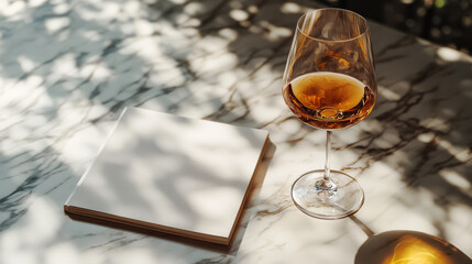 Obraz premium Glass of amber liquid sits on a marble table next to a blank notebook. Sunlight casts shadows across the scene.
