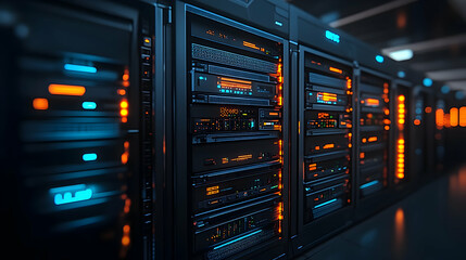 Bokeh effects and bright orange and yellow lights in an abstract close-up of a server rack with data storage lights, representing contemporary digital infrastructure and data technology