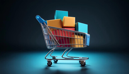 Miniature shopping cart filled with vibrant, colorful shopping bags. Represents online shopping, retail sales, and consumerism in a playful and creative way.