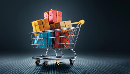 Miniature shopping cart filled with vibrant, colorful shopping bags. Represents online shopping, retail sales, and consumerism in a playful and creative way.