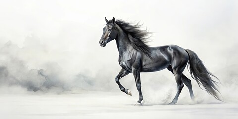 A majestic black stallion runs through a misty landscape, its powerful muscles rippling, mane and tail flowing in the wind.