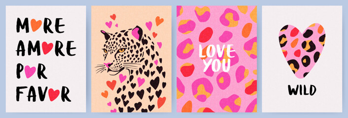 Creative concept of Happy Valentines Day cards set. Modern abstract art design with hearts, wild cat, modern typography. Templates for celebration, ads, branding, banner, cover, label, poster, sales © Tanya Shulga