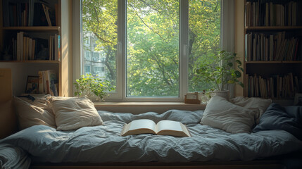 Peaceful morning spent reading a book by the window, surrounded by bookshelves and plants. Serene atmosphere, natural light.