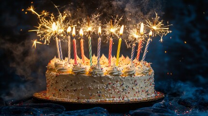 Colorful cake embellished with candles and sparkling effects shines brightly in a joyful celebration. The atmosphere is filled with delight, marking a special occasion with loved ones