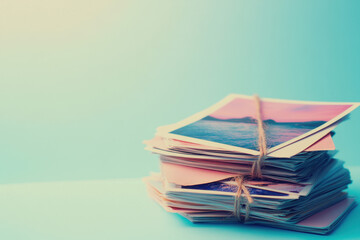 A stack of nostalgic photos tied with twine, capturing memories on vibrant hues of blue and pink with a warm, soft light setting the mood.