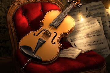Obraz premium A violin rests on a plush red chair beside sheets of music, evoking a musical ambiance.