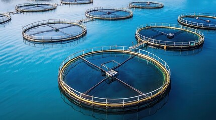 Aerial view of multiple circular fish farms in ocean. Illustrates sustainable aquaculture & food production.