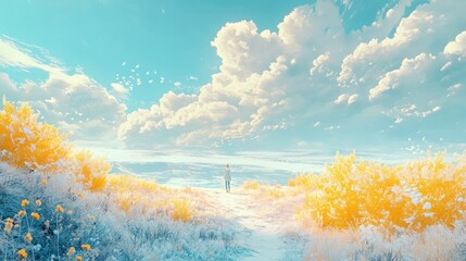 Gentle pastel yellows drifting smoothly into powdery blues, capturing a gentle, light-filled feeling of serenity