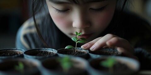 Focused child examining seedling in indoor gardening project