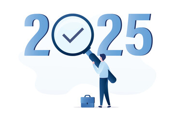 Forecast and vision in 2025. Analysis and research, prospects and opportunities. happy new year 2025. Smart businessman uses magnifying glass and looking number 2025.