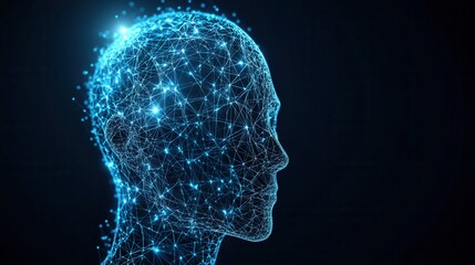 Obraz premium A digital representation of a head composed of glowing blue connections, symbolizing artificial intelligence and data processing.